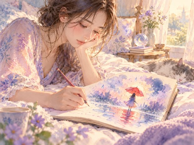 朝のベッド脇で夢の場面をノートに書き留める女性の手元