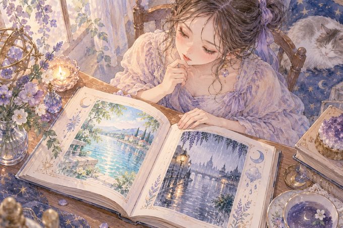 同じ夢について異なる解釈が書かれた二冊の本を見比べる女性