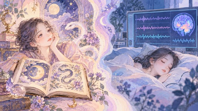 夢の象徴を調べる本と睡眠中の脳活動を調べる研究風景の対比