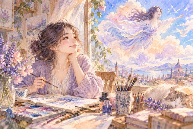 青空を飛ぶ夢を思い出しながら習い事の道具を眺める女性