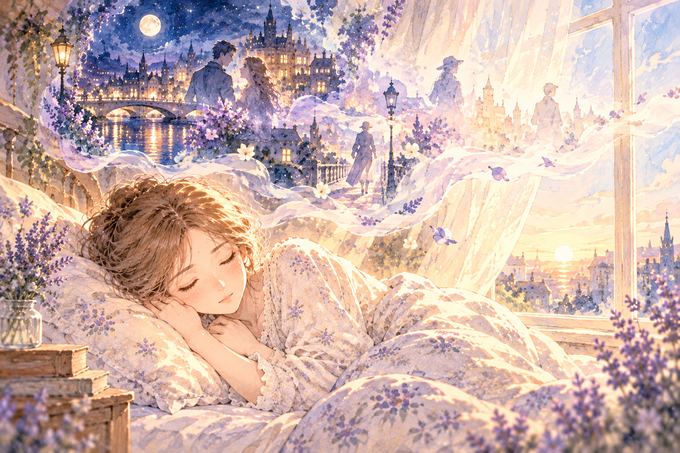 眠る女性の夢の風景が朝の光の中で薄れていく様子