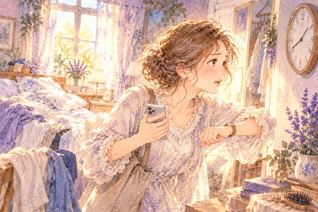朝の支度中にスマートフォンと時計を気にする女性