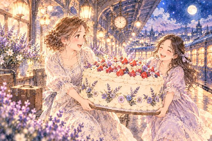 夢の駅で昔の友人と大きなケーキを運ぶ女性