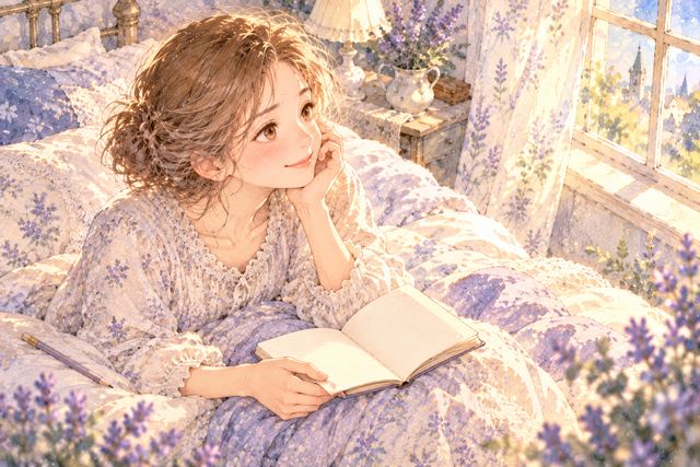 朝のベッドで夢の余韻を思い返し小さなノートを開く女性