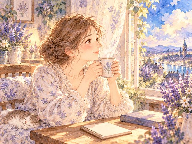 朝の窓辺で穏やかに考える女性と空白のメモ帳