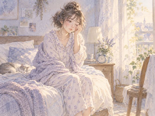 朝のベッドに座り、夢の余韻でぼんやりする女性
