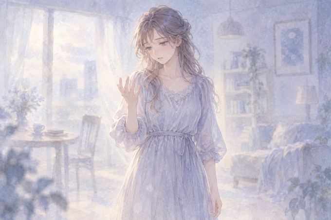 霞んで感じられる周囲の景色と自分への違和感を表した女性