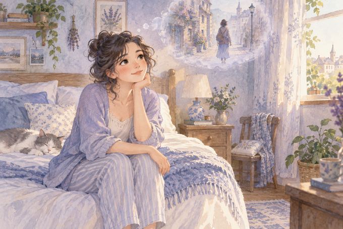 目覚めた女性が夢の記憶を思い出す様子