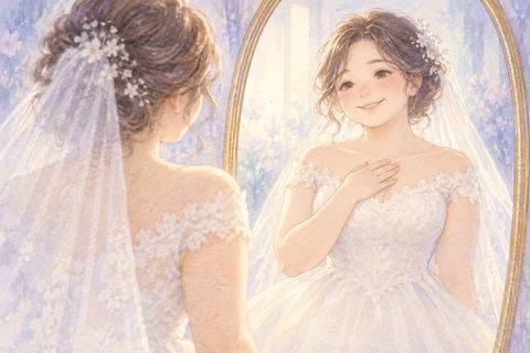 ウェディングドレス姿で嬉しそうに微笑む女性