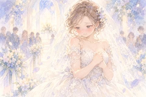 ウェディングドレス姿で照れてうつむく女性
