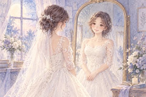 鏡の前で似合うドレス姿を眺める女性