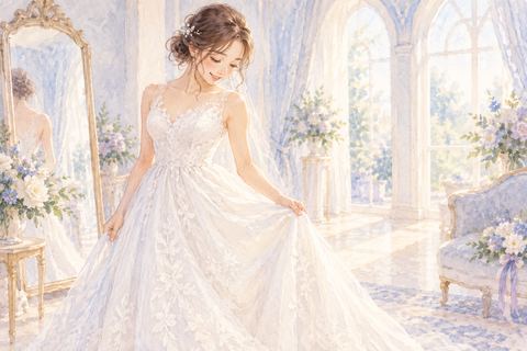 白いウェディングドレス姿で喜ぶ大人の女性