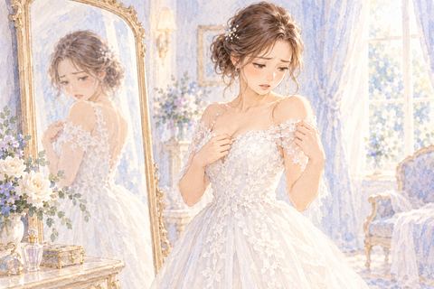 白いウェディングドレス姿で戸惑う女性
