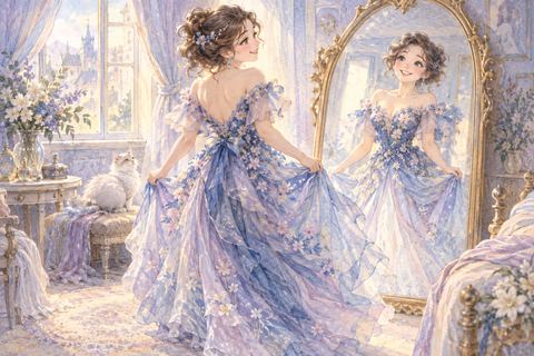 華やかなドレス姿に目を輝かせる大人の女性