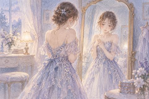 鏡のドレス姿を見て不安そうにする女性