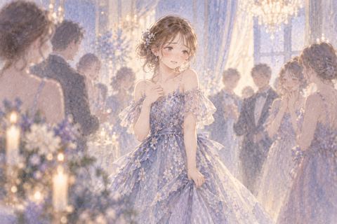 人々にドレス姿を見られて緊張する大人の女性