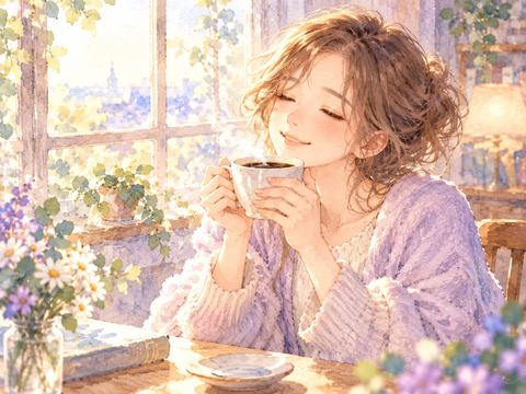 窓辺でコーヒーを味わい幸せそうに微笑む女性