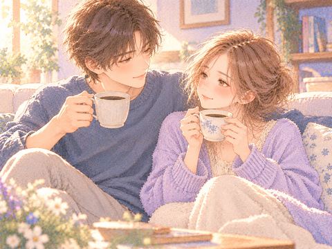 恋人とソファに並んで座りコーヒーを飲む女性
