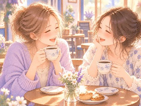 コーヒーを飲みながら楽しそうに笑い合う女性の友達二人