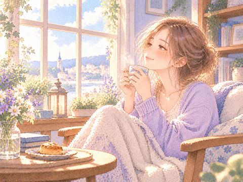 窓辺の椅子で一人静かにコーヒーを味わう女性