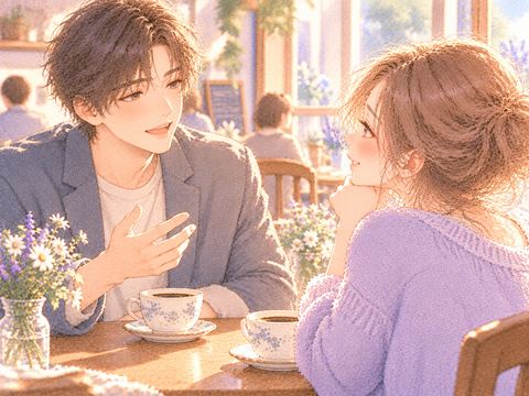 カフェで初対面の男性とコーヒーを飲み会話する女性