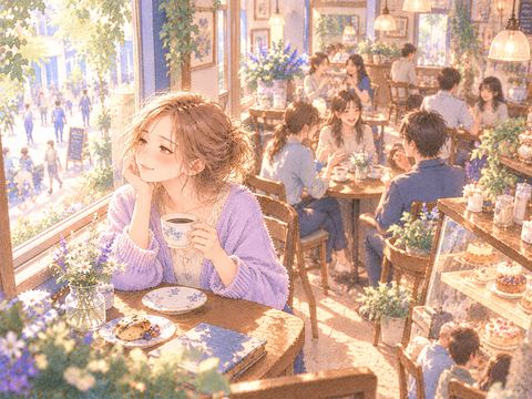 街角のカフェで周囲のにぎわいを楽しみながらコーヒーを飲む女性