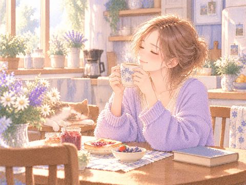 自宅の食卓で温かいコーヒーを飲みくつろぐ女性