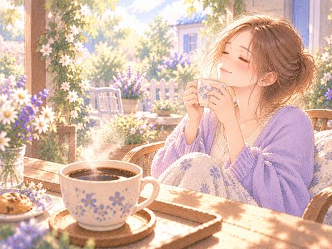 庭を眺めながらコーヒーをゆっくり味わう女性