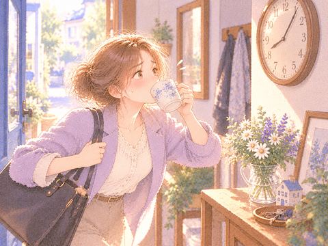 時計を気にしながら慌ててコーヒーを飲む女性