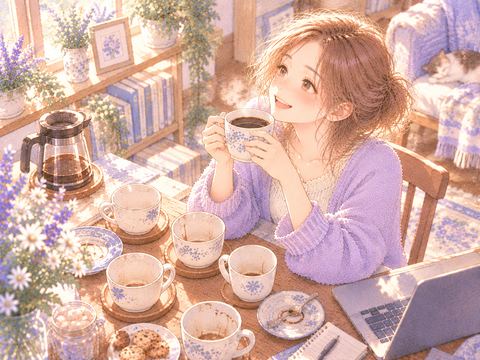 空のコーヒーカップをいくつも並べてさらに飲もうとする女性