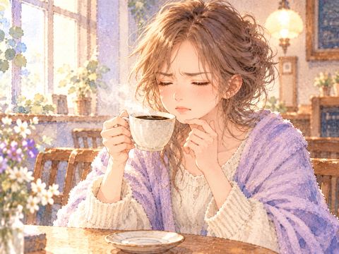苦いコーヒーを飲んで思わず顔をしかめる女性