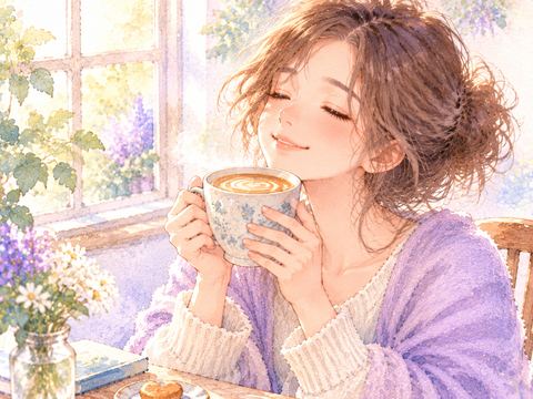 ミルク入りの甘いコーヒーを飲んでほっとする女性