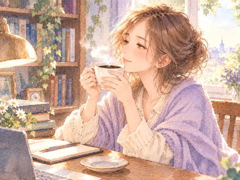 ブラックコーヒーを落ち着いて味わう女性