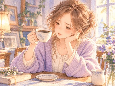 コーヒーを飲んでも味がせず不思議そうにカップを見る女性
