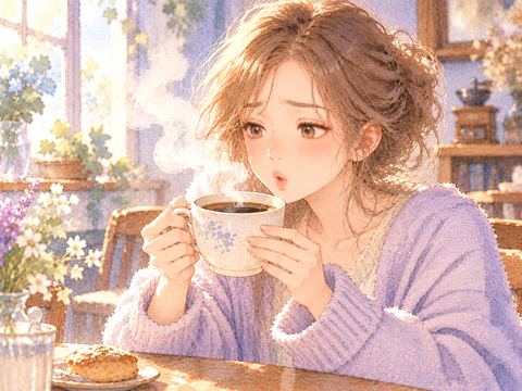 湯気の多い熱いコーヒーを慎重に飲もうとする女性
