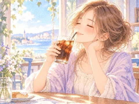 氷入りのアイスコーヒーを爽やかに飲む女性
