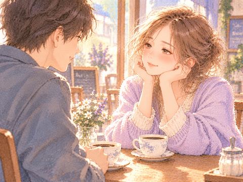 カフェで好きな男性と向かい合い照れながらコーヒーを飲む女性