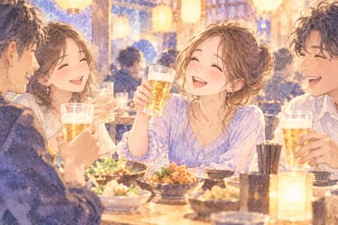 飲み会で仲間と自然に笑う女性