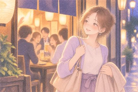 飲み会の店を出て帰る女性