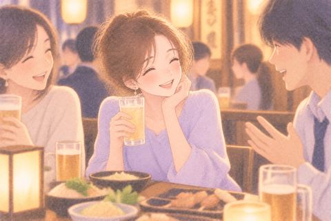 飲み会で飲み物を手に会話する女性