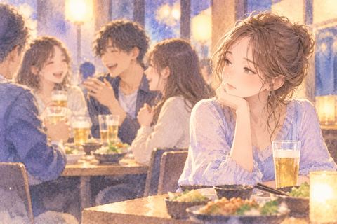 盛り上がる飲み会で浮かない表情の女性