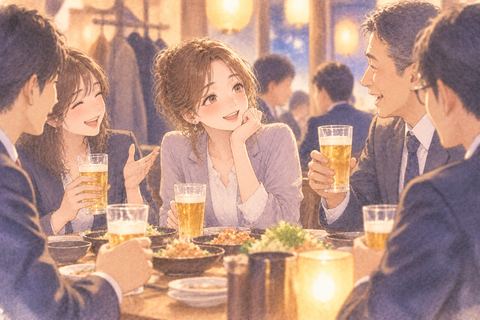 職場の人たちと飲み会をする女性