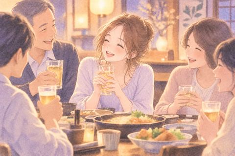 家族と穏やかな食卓を囲む女性