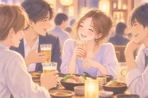 異性たちとの飲み会で会話する女性