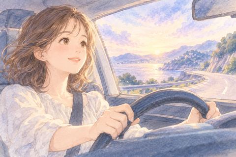 自分で車を運転して前へ進む女性