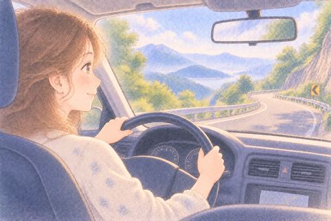 曲がりくねる山道を運転する女性