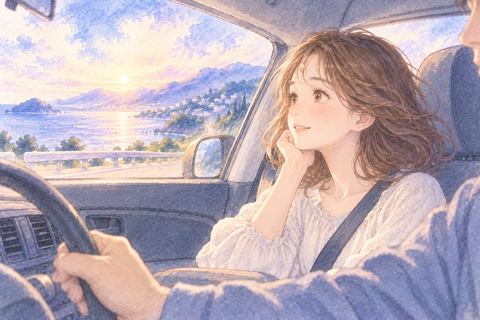 助手席から景色を見る大人の女性
