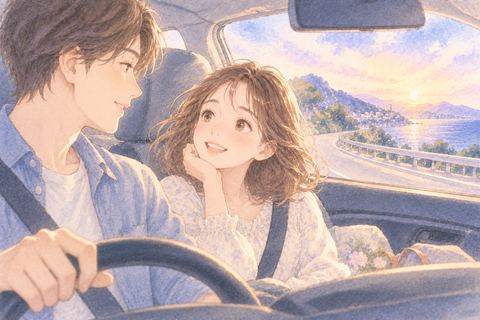 好きな人と車内で笑顔を交わす女性
