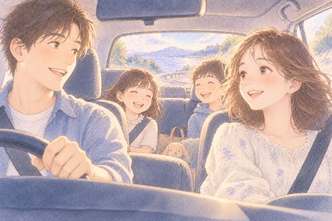 家族と穏やかにドライブする女性
