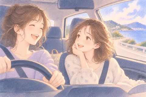 友達と笑いながらドライブする女性